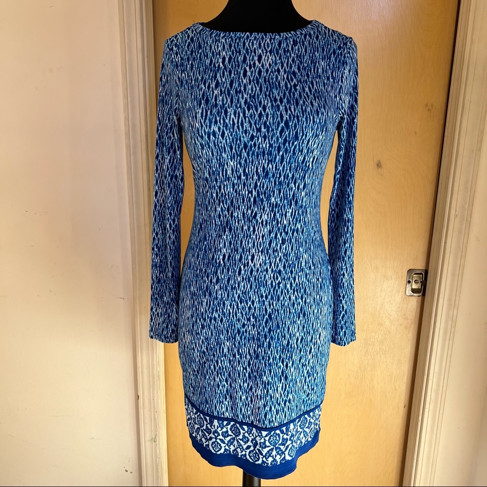 Michael Kors Blue & White Printed Stretchy Long Sleeve Dress, SZ XS